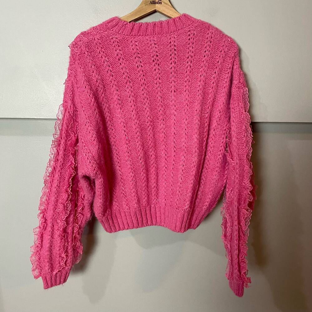 Zara Pink Ruffled & Lace Chunky Knit Sweater SZ Medium Girly Coquette Preppy - Picture 11 of 15